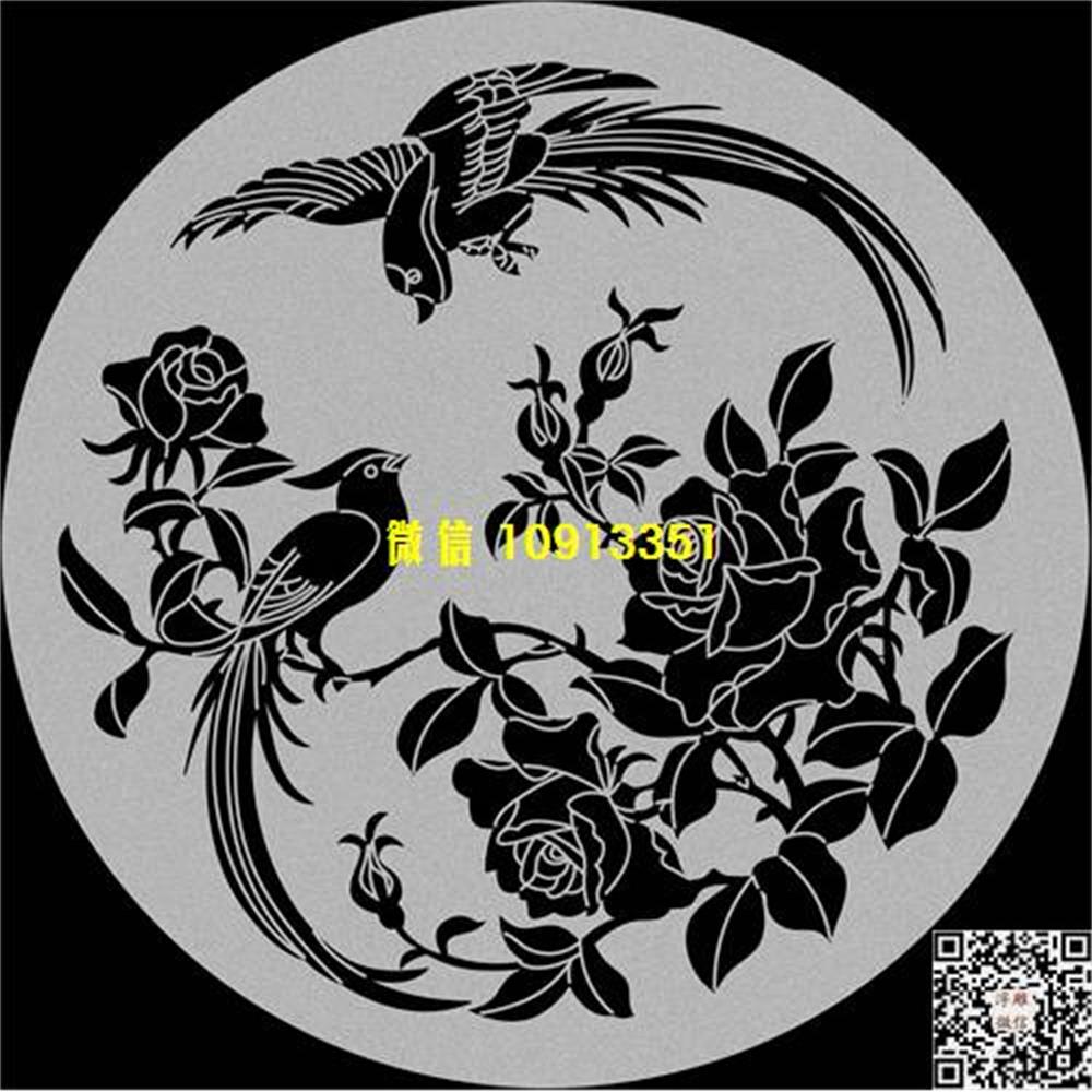 精雕图6牡丹鸟圆形精雕图线雕图线条图单线铣底图_电脑雕刻plt文泰矢量图精雕图浮雕图